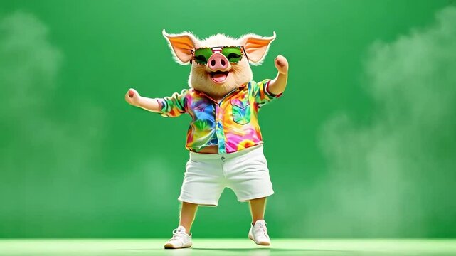 A pig wearing sunglasses, a colorful shirt, white shorts, and white shoes dances against a green background.