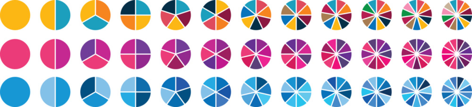 Pie chart set. Circle section graphs. Pie chart divided 1,2,3,4,5,6,7,8,9,10,11,12 equal parts. Wheel round diagram part symbol. Ring percentage diagram collection.