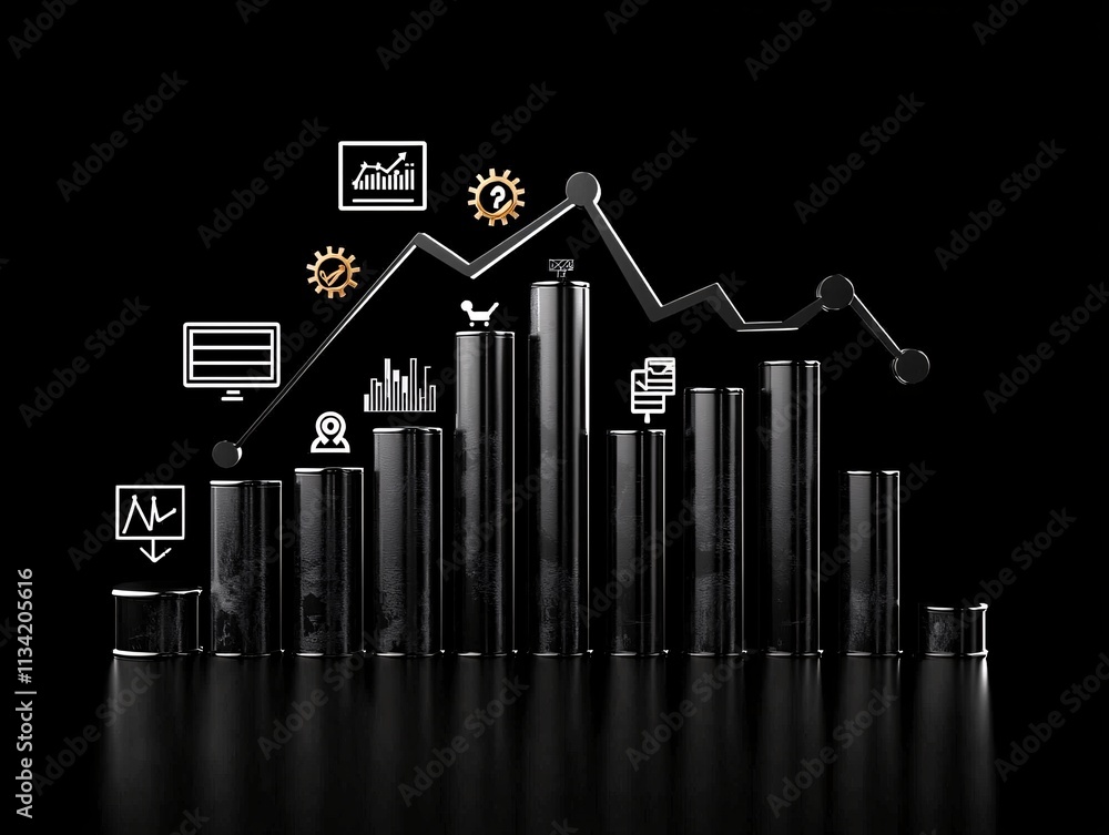 Poster business growth visualized with a rising graph projected on a digital screen alongside automation sy