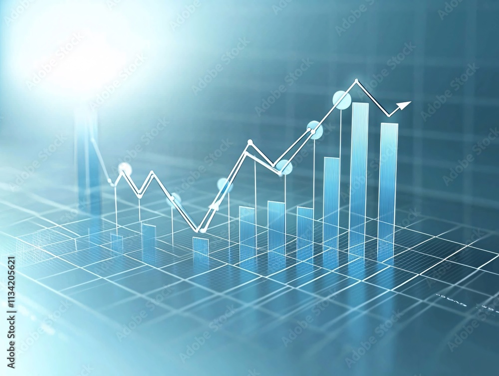Poster business growth visualized with a rising graph projected on a digital screen alongside automation sy