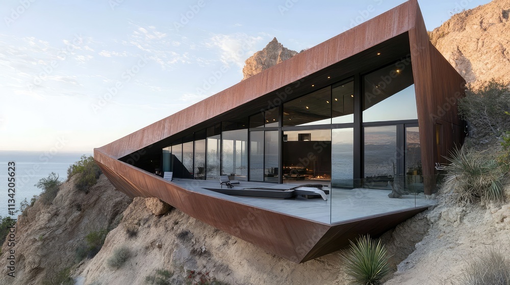 Poster a dramatic cliffside home with sharp angles and large windows, blending modern design with a rugged 