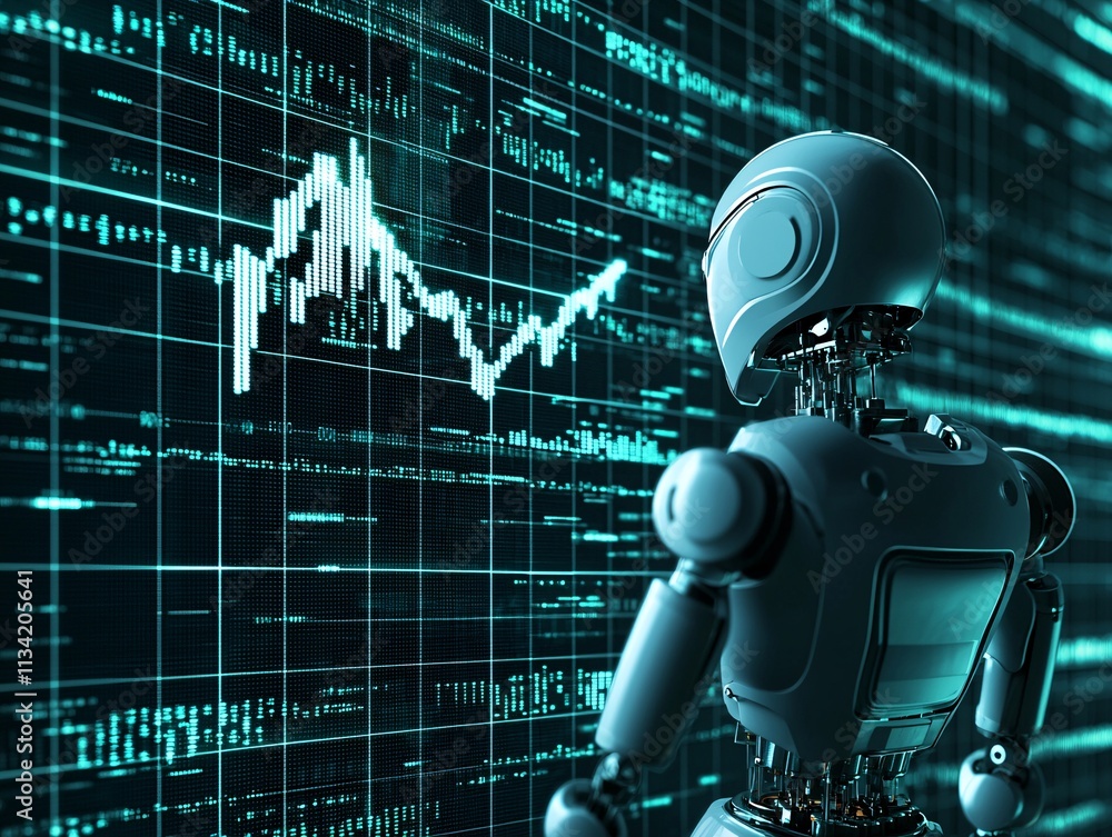 Poster business growth visualized with a rising graph projected on a digital screen alongside automation sy
