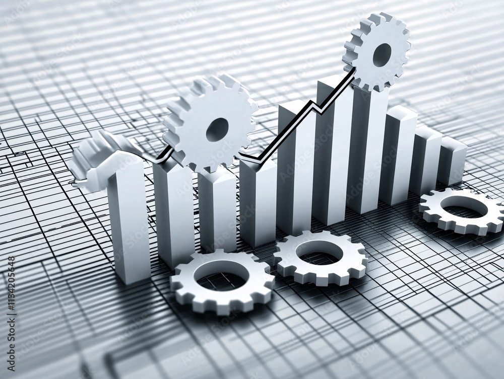 Poster business growth visualized with a rising graph projected on a digital screen alongside automation sy