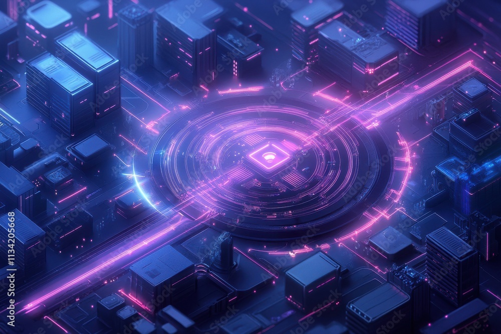 Aufkleber futuristic urban landscape with neon lights and digital connections in a high-tech cityscape featuri
