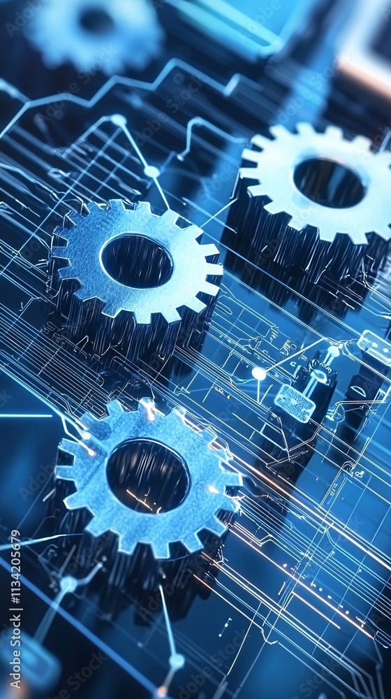 Poster a conceptual representation of digital transformation using network diagrams, gears, and cloud compu