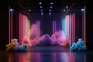 Colorful neon lights and vibrant smoke create a dynamic stage atmosphere in a darkened studio for artistic performances and visual arts presentations