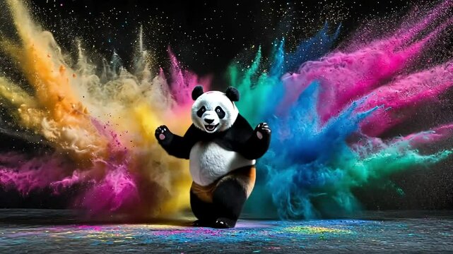 A playful panda stands in a colorful explosion of powder.