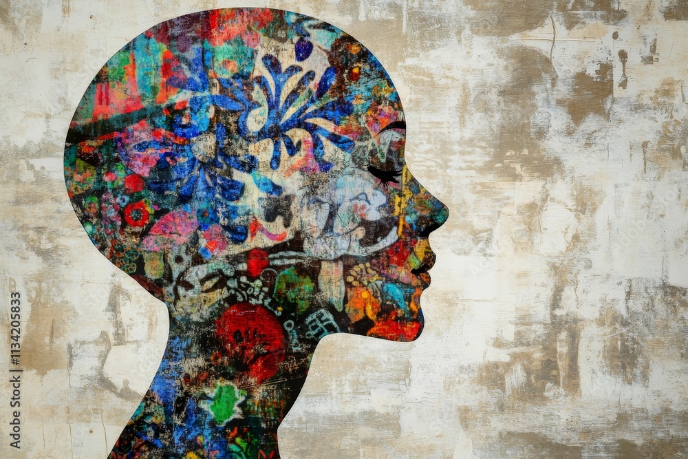 Poster colorful silhouette of a profile with abstract floral patterns and artistic textures representing cr
