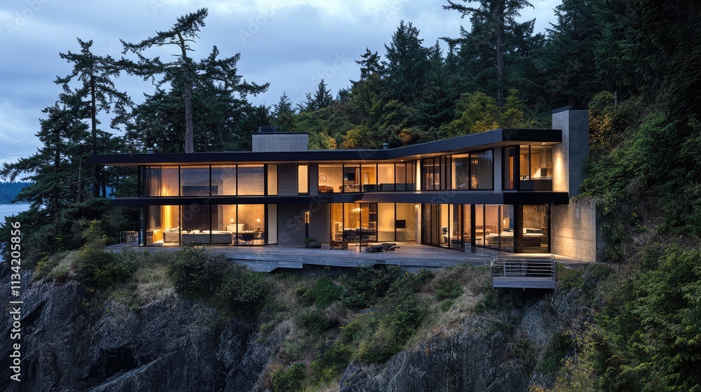 Poster a dramatic cliffside home with sharp angles and large windows, blending modern design with a rugged 