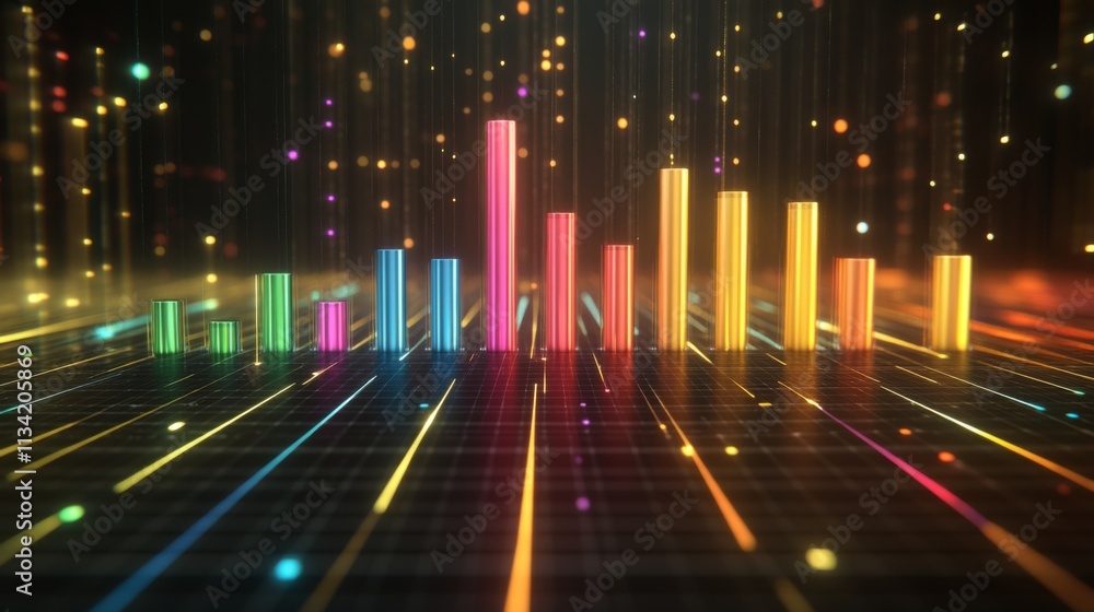 Poster colorful animated bars with light effects and digital background