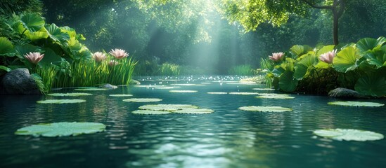 Fototapeta premium Serene pond in lush forest with pink water lilies and sunbeams.