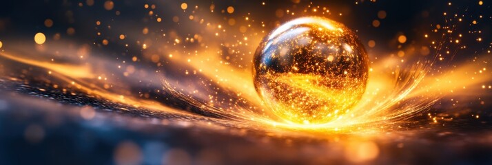 A surreal moment of a golden bingo ball spinning in slow motion, with beams of light illuminating the room