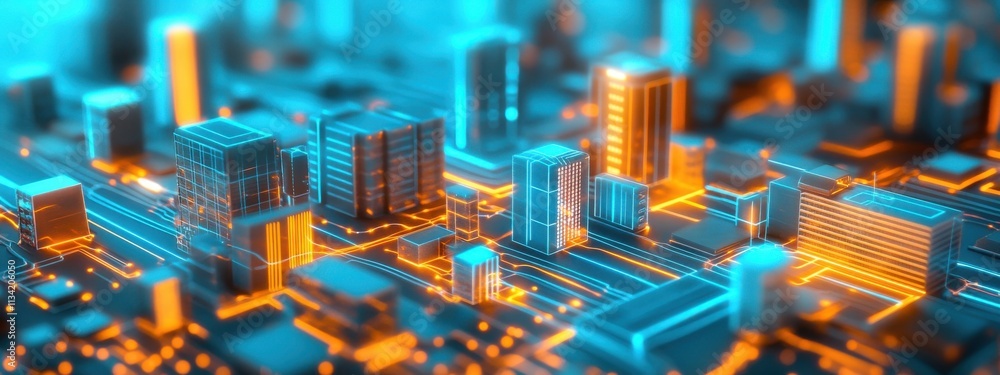 Poster futuristic cityscape with neon lights and circuit board patterns representing digital technology and