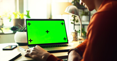 Business person, laptop or green screen with mockup or tracking markers for online browsing,...