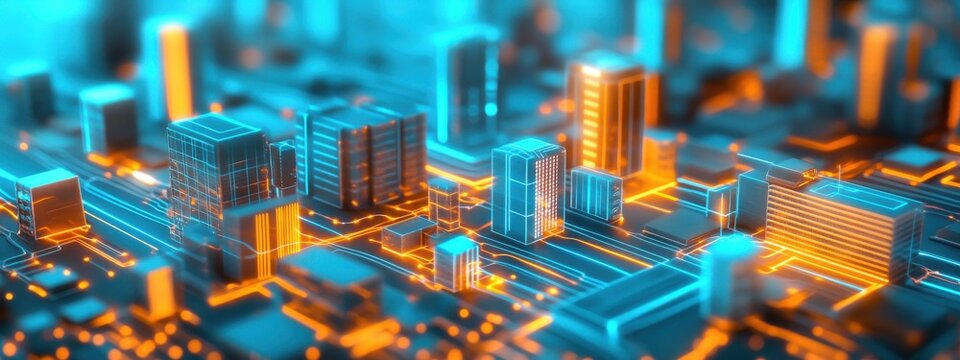 Futuristic Cityscape with Neon Lights and Circuit Board Patterns Representing Digital Technology and Urban Innovation in a Vibrant Blue and Orange Color Palette