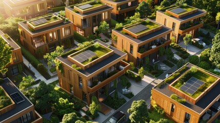 Fototapeta premium modern eco friendly neighbourhood, wooden houses, with solar panels, low energy consuming construction, flat rooftops covered with grass