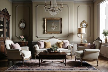 Vintage-Styled Living Room Mockup with Cozy Couch and Elegant Decor