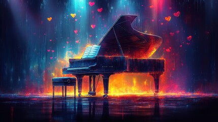 Fiery grand piano on stage with hearts.