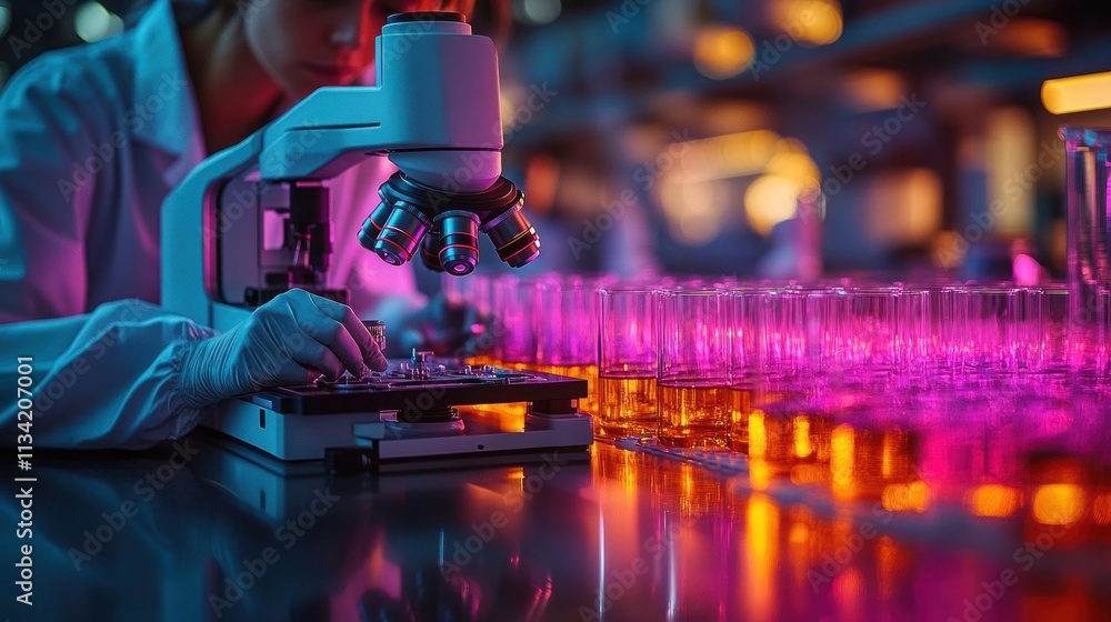 Poster a scientist examines samples under a microscope in a vibrant laboratory setting.