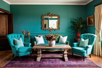Elegant Vintage Teal Sitting Area with Comfortable Chairs and Rustic Wooden Table