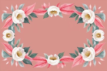 Obraz premium Charming Watercolor Seamless Border with Coral Pink Leaves, Ivory Moonflowers, and Peonies for Invitations and Decorations