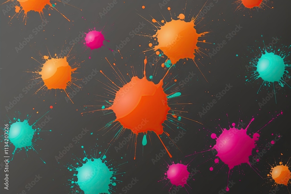 Poster retro neon gradient splattered background with vivid orange, teal, and magenta blobs on dark grey