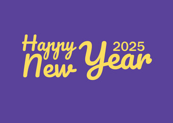 Happy new year 2025 text design with bright yellow typography on a vibrant purple background. perfect for festive graphic projects