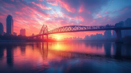 A vibrant sunset over a city bridge reflecting in the water, showcasing urban beauty.