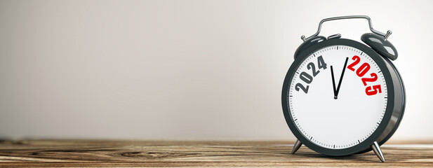 Alarm clock with 2024 and 2025 on face, marking the transition between years. 3D Rendering