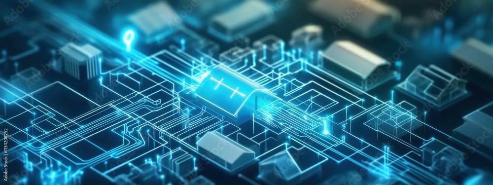 Poster futuristic digital network with blue circuitry and geometric shapes representing technological advan