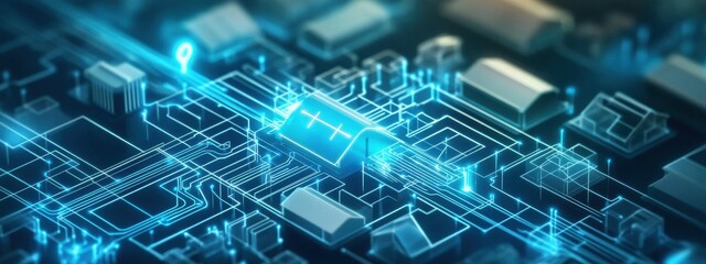 Futuristic Digital Network with Blue Circuitry and Geometric Shapes Representing Technological Advancement and Smart City Infrastructure