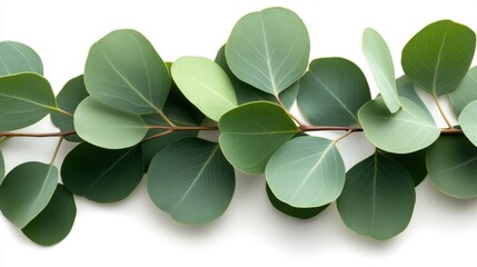 A vibrant green eucalyptus branch with rounded leaves, isolated on a white background