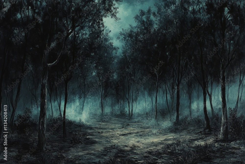 Poster dark mysterious forest with fog and shadows, eerie pathway illuminated by moonlight, enigmatic atmos