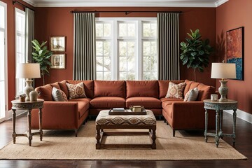 Fototapeta premium Elegant Terracotta Lounge with Modern Sectional and Antique Accent Table in 3D Design