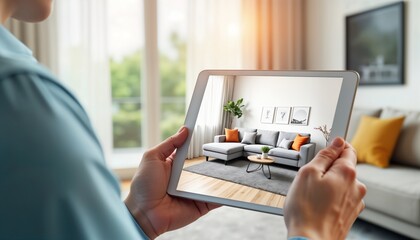 Person views virtual decor on tablet. AR home decor app shows 3D interior design. Customer uses tech to see furniture layout. Virtual living room displays cozy sofa. Modern tech for home design.