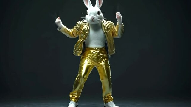 A white rabbit in a gold jacket and pants poses in a dance move against a black background.