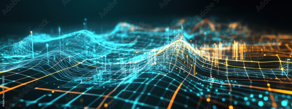 Poster futuristic abstract digital network landscape with vibrant blue and orange lines representing data f