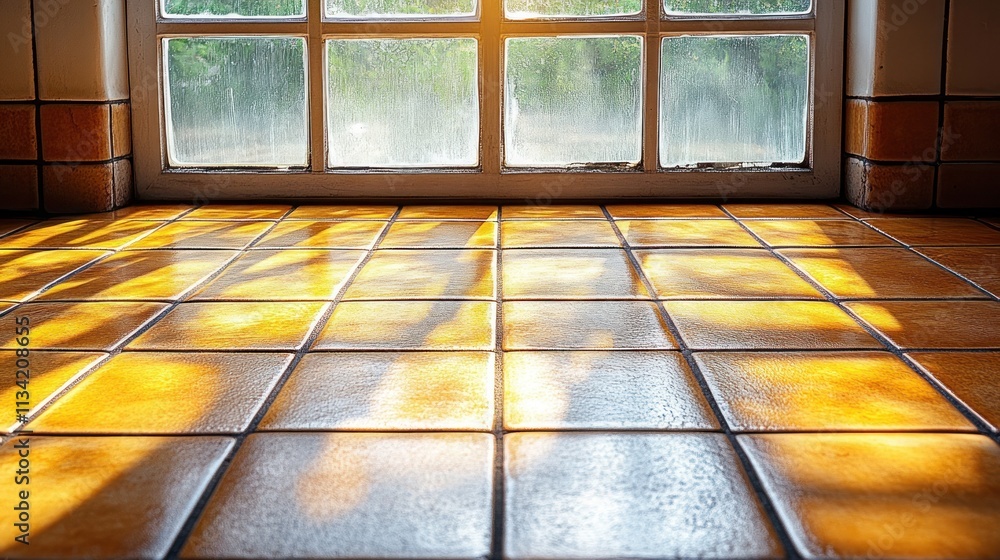 Poster a sunlit kitchen floor with tiled patterns and shadows from a window.