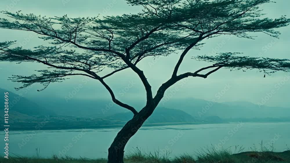 Poster serene tree overlooking a calm lake with mountains in the background during twilight
