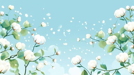 Cotton, cartoon style, background with cotton branches and green leaves, light blue sky, light white fluffy cotton
