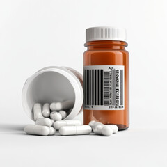 prescription bottle with white capsules spilled out, showcasing medication. bottle features barcode and clean, modern design
