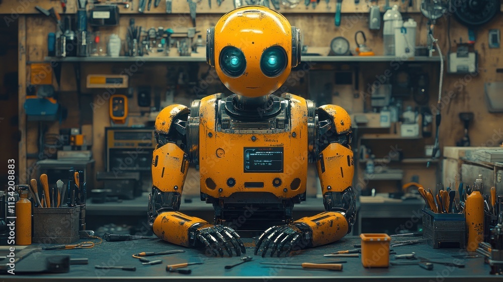Poster a robot with large blue eyes sits at a workbench surrounded by tools in a workshop.