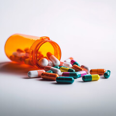 Colorful capsules and pills spilled from orange prescription bottle, creating vibrant display of medication