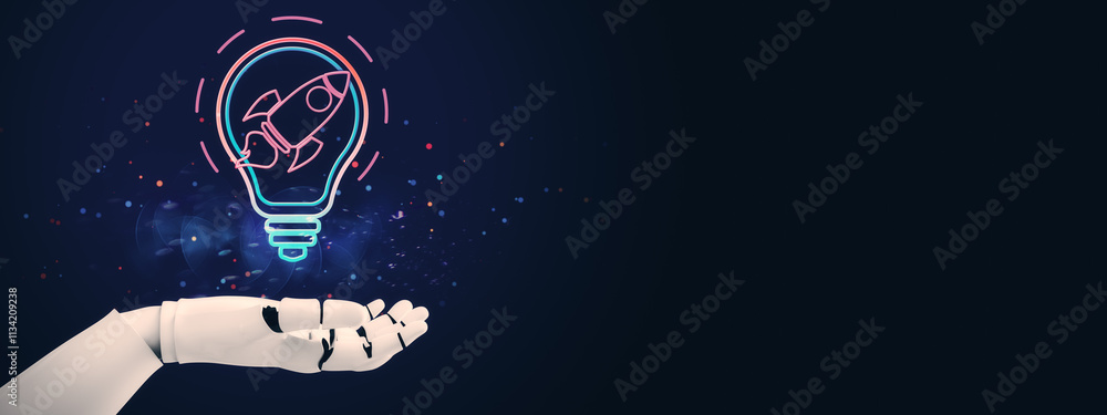 Poster Neon glowing rocket in lightbulb symbol held by robotic hand on dark background with scattered lights, representing innovation and technology. 3D Rendering