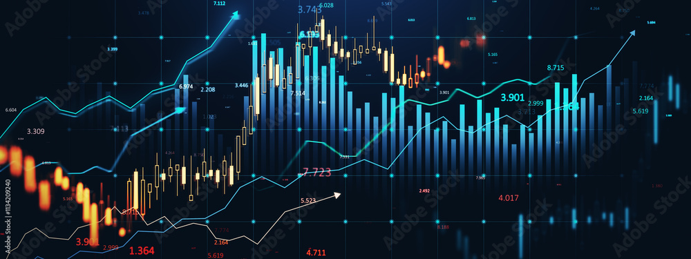 Poster Financial data charts with glowing stock and forex graphs on a dark background illuminated in blue tones. 3D Rendering