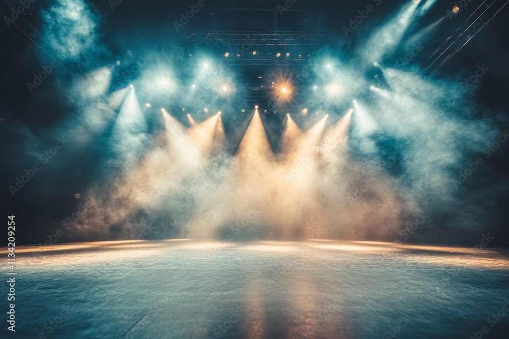 Poster dramatic stage lighting with colorful spotlights and hazy atmosphere creating an enigmatic scene for