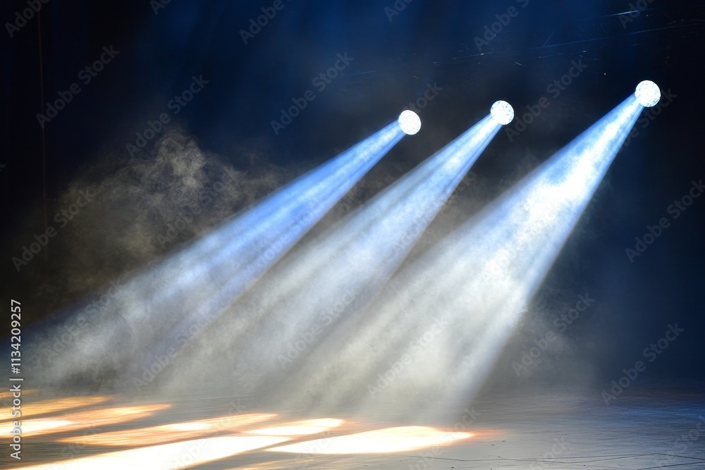 Poster dramatic stage lighting with three bright spotlights illuminating a smoky performance space creating
