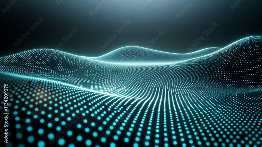 Poster abstract digital landscape with wavy patterns and glowing dots
