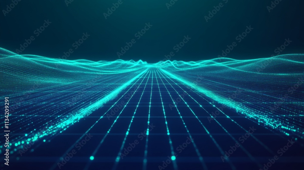 Poster futuristic digital landscape with wave patterns and grid lines