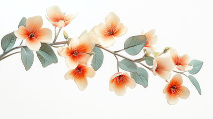 A graceful floral branch featuring bright orange and cream-colored blossoms, accompanied by muted teal leaves, designed for sharp visual emphasis against a white background. The branch has a gentle cu